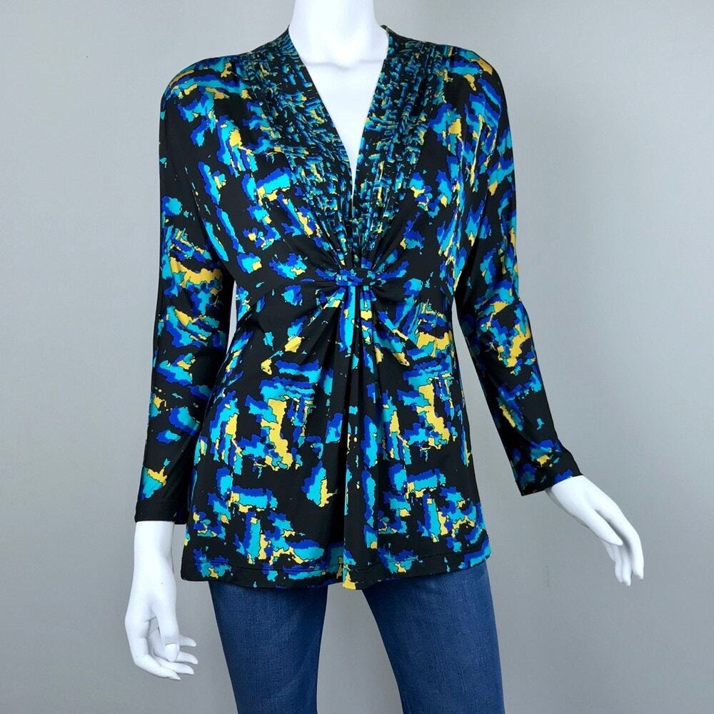 BCBGMaxAzria Abstract Print Stretchy V-Neck Blouse MED Business Casual